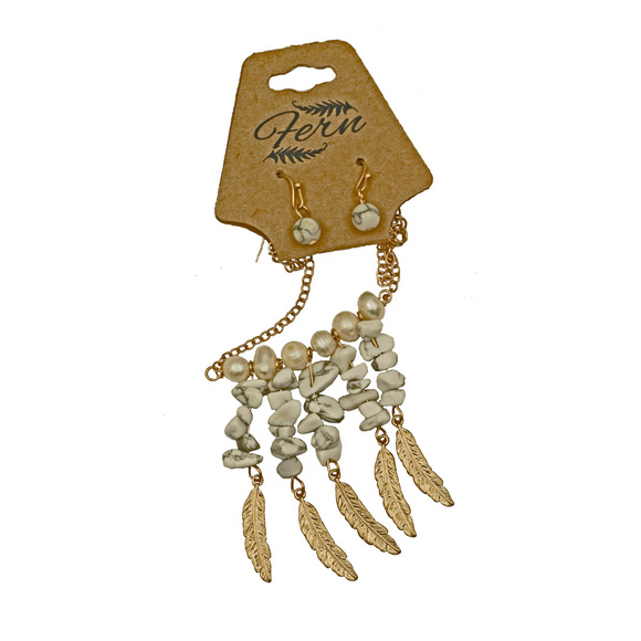 Gold Tone Feathers with White Turquoise Set - Picture 2 of 2